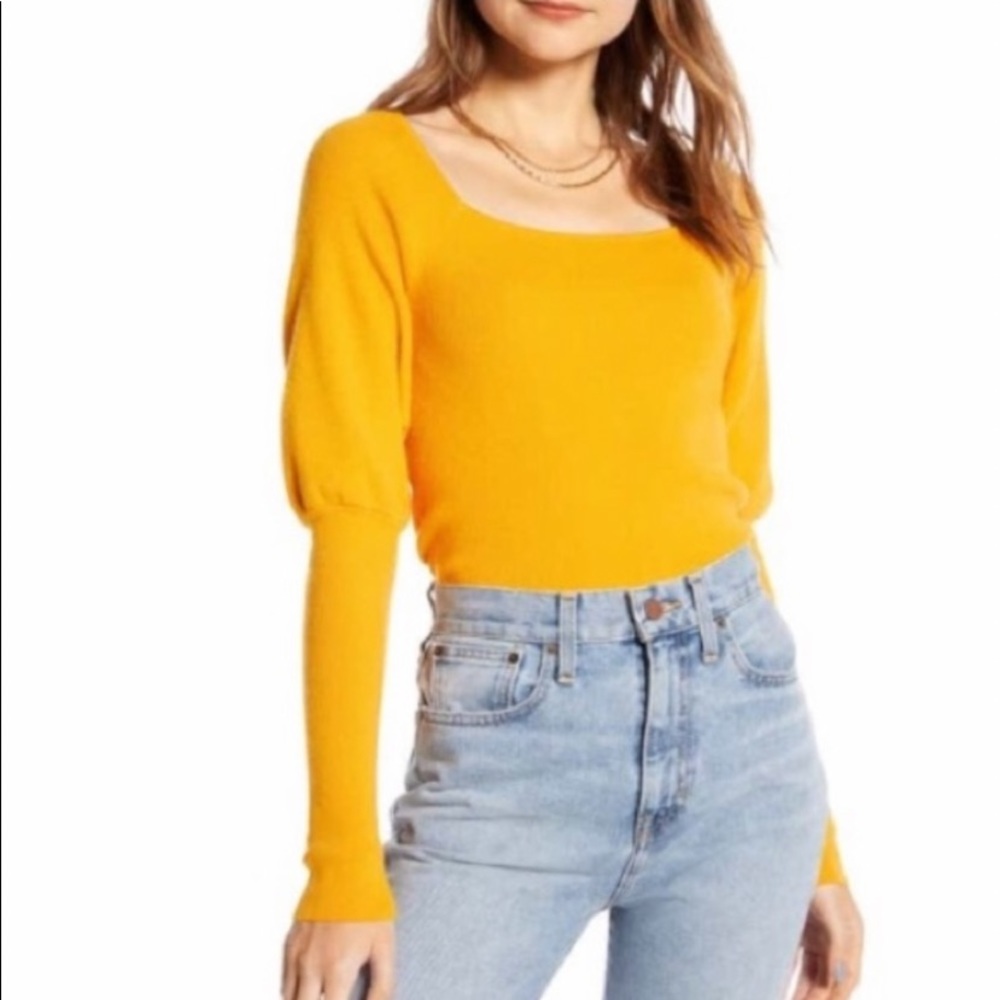 Something Navy Long Sleeve Puff Sleeve Square Neck Sweater in Gold